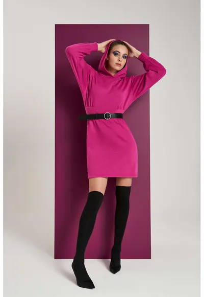 Rochie cu gluga ajustata - Roz lucios
