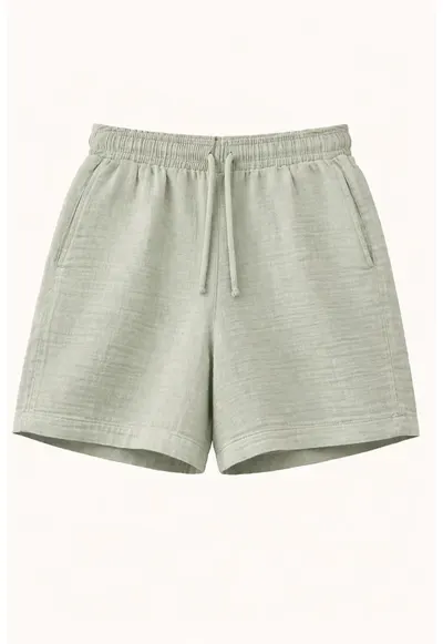 Pantaloni scurti bumbac texturat - talie inalta - Verde salvie