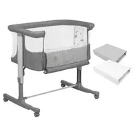 Set patut co-sleeper, Lionelo, Aurora, cu leganare si setare unghiulara, 3 in 1, 85x60x66 cm, Gri + 2 cearceafuri cu elastic, Qmini, din bumbac certificat Oeko Tex, Alb & Gri