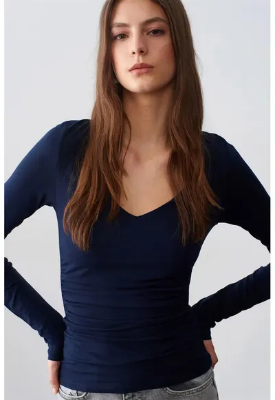 Bluza dama - slim fit - decolteu in V - bleumarin - jerseu din bumbac - poliester si elastan