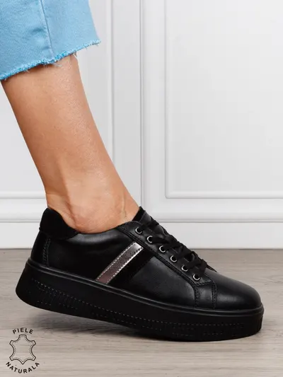 Pantofi sport din piele naturală cu finisaje premium CRL1811 NEGRU