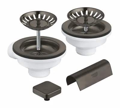 Sifon chiuveta bucatarie Grohe, universal, ornament buton, pentru 2 cuve, mat, grafit, 40999AL0