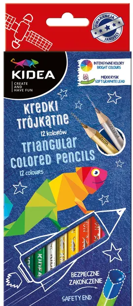 Creioane colorate Kidea - triunghiulare, 12 culori + auriu si argintiu