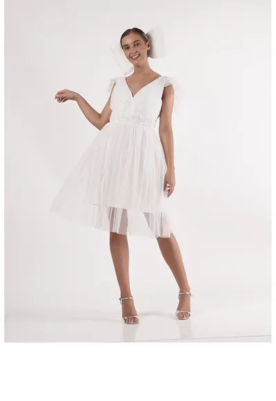 Rochie din tul cu maneci fluture Naryn - Alb