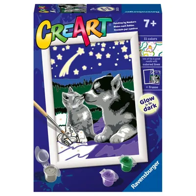 Pictura pe numere pentru copii Ravensburger CreArt Prieteni care stralucesc in intuneric