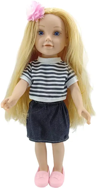 Păpuşă Moni Toys - Pretty Girl, cu un tricou cu dungi și o fustă din denim, 46 cm