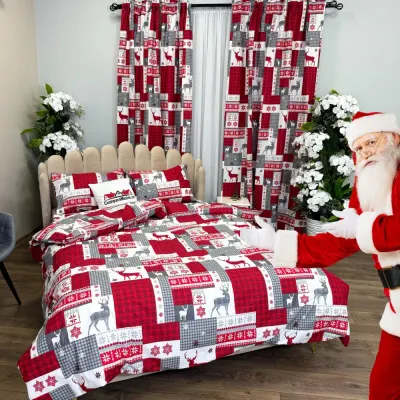 Set Lenjerie Pat Dublu Craciun 4 Piese + 2 Draperii 150x235cm din Bumbac Ranforsat – Confort si Eleganta, Fabricat in Romania, Alb,Gri, Rosu, Fulgi de Zapada, Reni, Carouri