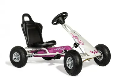 Kart Air Runner Flower, alb, scaun ajustabil, functie free-wheel, roti pneumatice, frana de mana, volan cu sunete, 102 X 60 X h64 cm