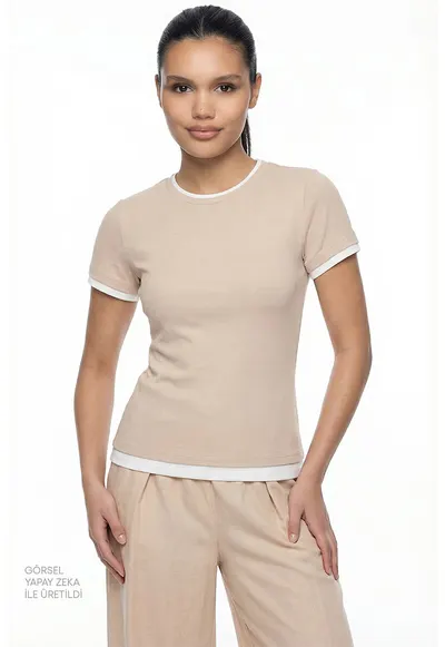 Tricou slim fit cu striatii - Alb/Bej inchis