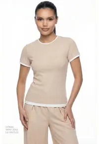 Tricou slim fit cu striatii - Alb/Bej inchis