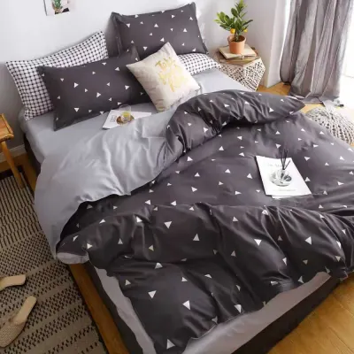 Lenjerie pat dublu, bumbac satinat, 4 piese, Gri, triunghiuri
