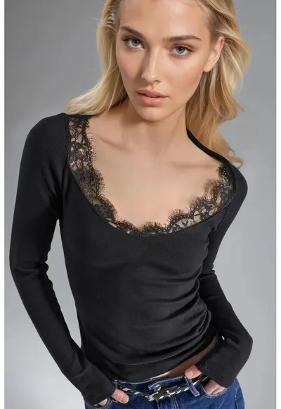 Bluza dama - Negru - Jerseu - Decolteu in V