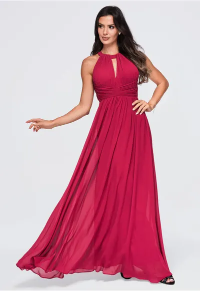 Rochie maxi eleganta cu decolteu halter si talie inalta - rochie de seara LA-OM-DLR358 - Visiniu