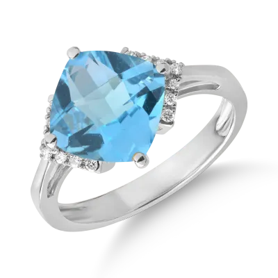 Inel din aur alb cu topaz albastru de 4.3ct si diamante de 0.08ct