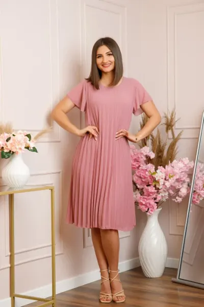 Rochie plisata Elisa cu maneci fluture - Roz pudrat