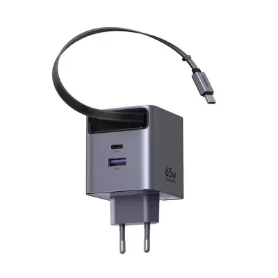 Incarcator rapid cu cablu retractabil UGREEN 65W GaN Fast Charger X615, 2 x USB C + 1 x USB A, Gri