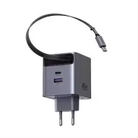 Incarcator rapid cu cablu retractabil UGREEN 65W GaN Fast Charger X615, 2 x USB C + 1 x USB A, Gri