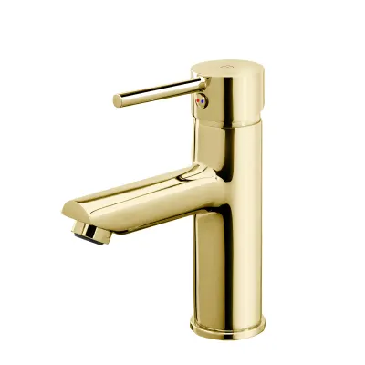 Baterie pentru lavoar cu ventil click-clack inclus, pipa fixa, auriu lucios, FDesign Flusso