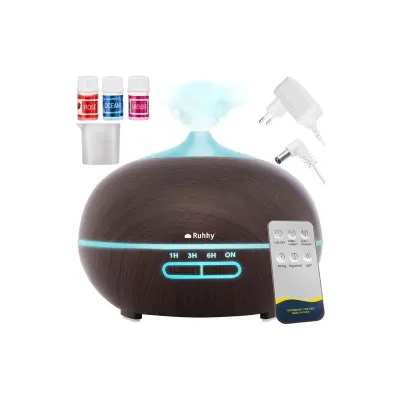 Difuzor aromaterapie, umidificator ultrasonic ionizator, lumini LED, telecomanda, timer, 3 uleiuri esentiale, 400 ml