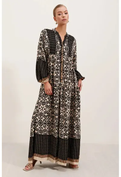 Rochie maxi lejera - neagra - viscoza - maneca lunga