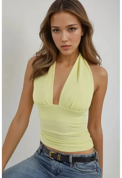 Top dama - tricotat slim fit - decolteu in V - galben - jerseu