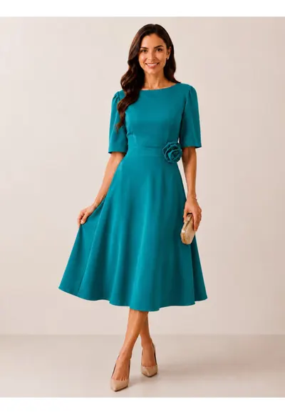 Rochie midi - in clos cu floare decorativa - turcoaz - Turcoaz