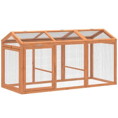 PawHut Adăpost exterior pentru găini cu bară de odihnă și uși duble, din lemn și metal, pentru 4 găini, 156 x 70,5 x 84 cm Portocaliu | Aosom Romania