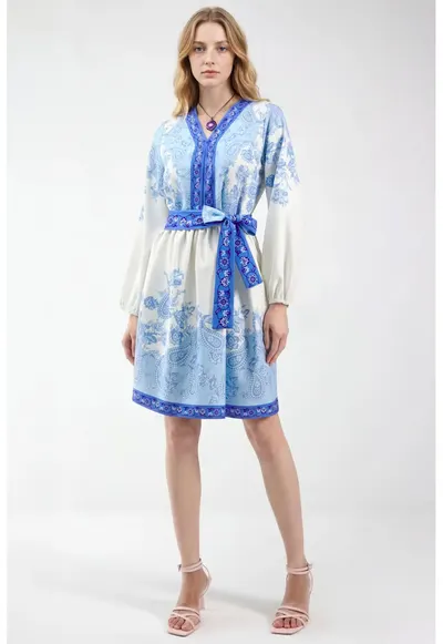 Rochie mini - decolteu in V - albastru - poliester