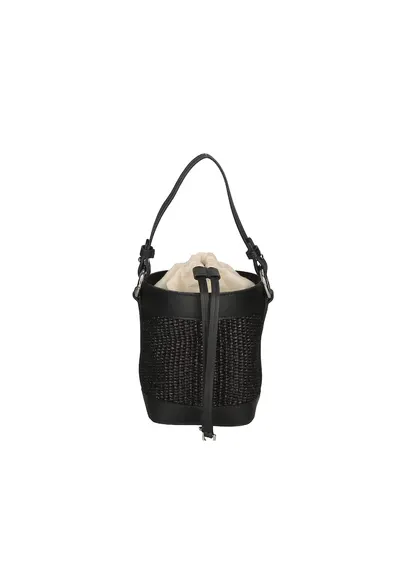 Geanta bucket de paie si piele - Negru