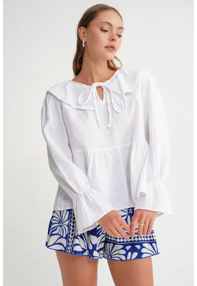 Bluze - Femei - Bluza cu Guler si Inchidere cu Alb - Alb