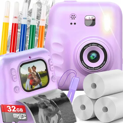 Aparat foto video pentru copii cu imprimare instant, Ecran 2.4 inch, Card TF 32 GB, Incarcare USB, 5 Carioci incluse, 3 Role Hartie de Imprimanta