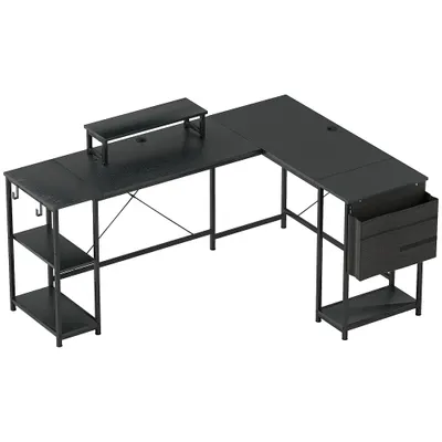 HOMCOM Birou de colț modular reversibil 168-240 cm stil industrial - raft reglabil, pungă de depozitare, suport pentru ecran | Aosom Romania