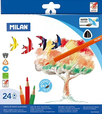 Set creioane acuarele Milan – Triunghiular, 24 de culori, cu pensula