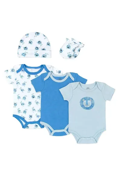 Set pentru bebelusi - 5 piese din bumbac - model monstruleti - - Alb/Albastru deschis
