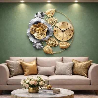 Ceas de perete decorativ floral auriu argintiu, 60 cm