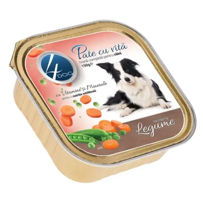 Pateu pentru caini 4Dog cu vita topping de legume 150 gr