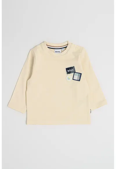 Bluza de bumbac cu decolteu la baza gatului si logo - Albastru ultramarin/Bej