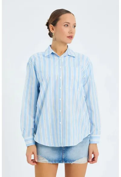 Camasa dama - camasa din poplin cu dungi - croiala lejera - albastru maya - textil