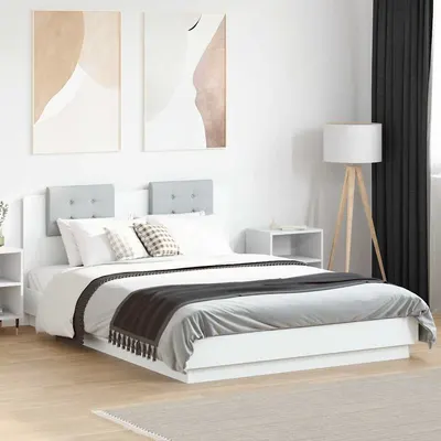 vidaXL Cadru de pat cu tăblie și lumini LED, alb, 150x200 cm