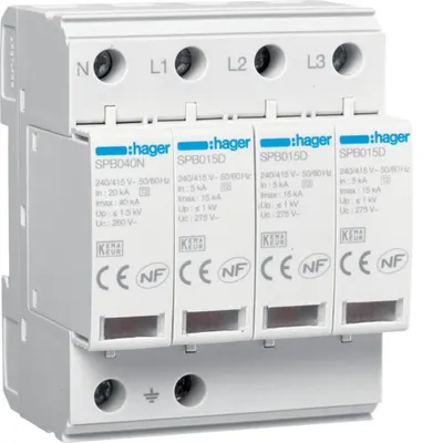 Descarcator supratensiune 4P T2 TNS/TT Uc 275V In 5kA Imax 15kA Hager SPB415D