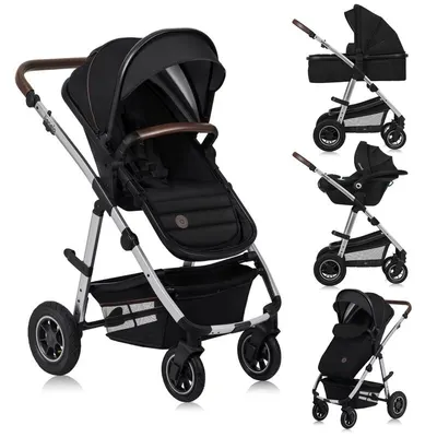 Carucior 3 in 1 Lionelo Amber Cadru aluminiu, Cu landou intarit si salteluta moale, Cu scoica auto testata ADAC, Reversibil, Cu accesorii, Geanta parinti, Sarcina maxima 22 kg, Standard de siguranta EN1888-1 EN1466 ECE R129 negru silver