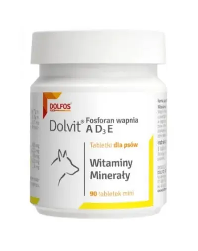 Tablete pentru dezvoltarea oaselor la câini DOLFOS Dolvit 90 tablete cu calciu, fosfor și vitamine AD3E