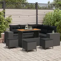 Set canapea gradina Gossi 8 piese cu perne negru poliratan acacia, set dining gradina Gossi 3 piese cu perne negru poliratan acacia