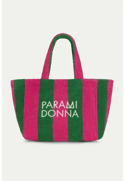 Geanta de plaja din bumbac cu dungi - Verde/Fucsia