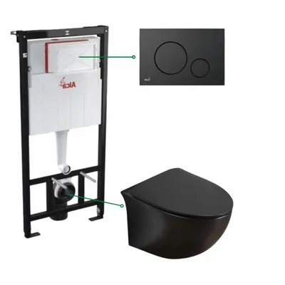 Set vas wc suspendat, rimless negru mat, Foglia Alice si rezervor incastrat cu clapeta de actionare neagra, Alcadrain