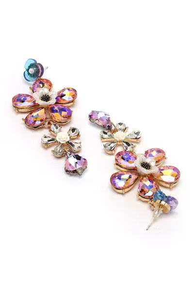 Cercei in forma de floare - din aur de 18K filat - cu cristale - Multicolor