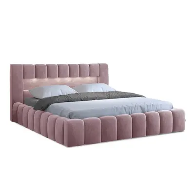 Pat matrimonial roz tapițat cu spațiu de depozitare cu somieră 180x200 cm Lamica – ELTAP