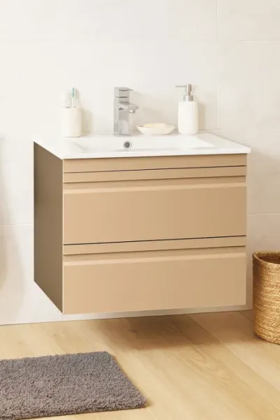 Set Baza front MDF si Lavoar seria 086, suspendata, cu sertare, montat, 60 cm, cappuccino