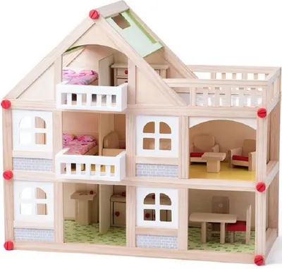 Set de joaca Woody - Casuta cu trei etaje, cu terase, accesorii si papusi