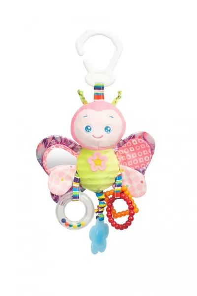 Jucarie de plus pentru caruciorpatut Sensillo Butterfly cu zornaitoare,fosnait si inele de dentitie, realizata din material plusat,agatatoare practica